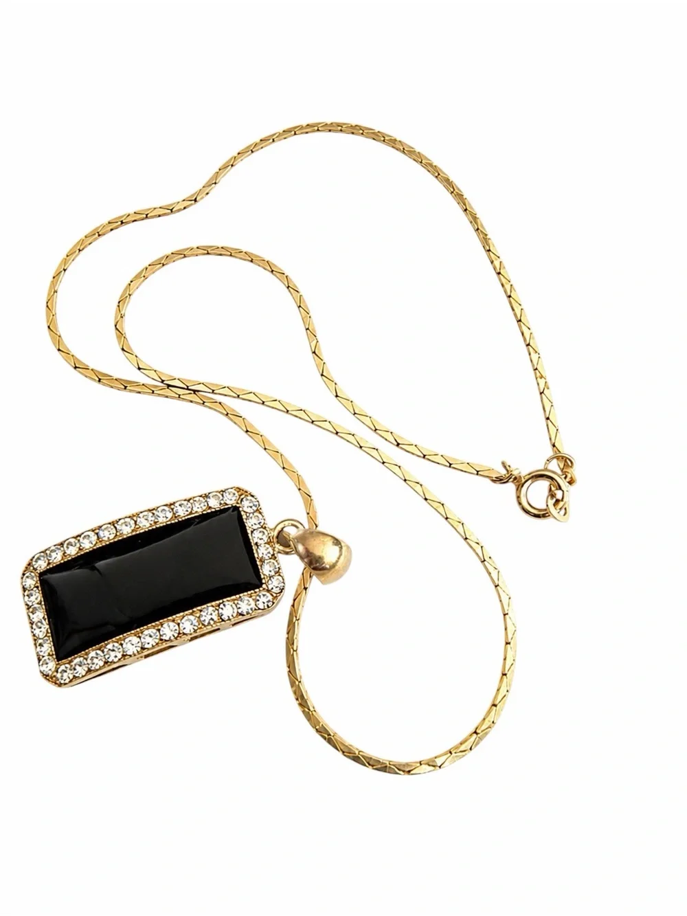 Vintage Gold-tone Necklace Black Enamel Rhinestone Pendant Y2K Coquette